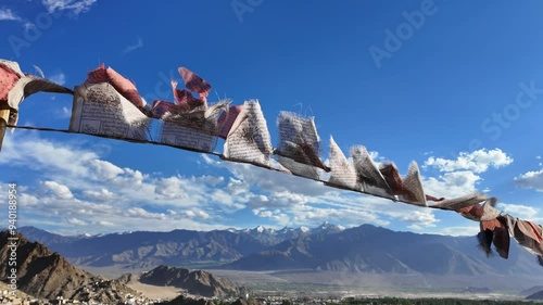 Prayer tibetan flags and clear blue sky at Leh, Ladakh India