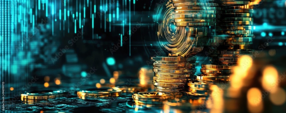 A vibrant digital representation of golden coins stacked, symbolizing wealth and financial growth in a tech-driven world.