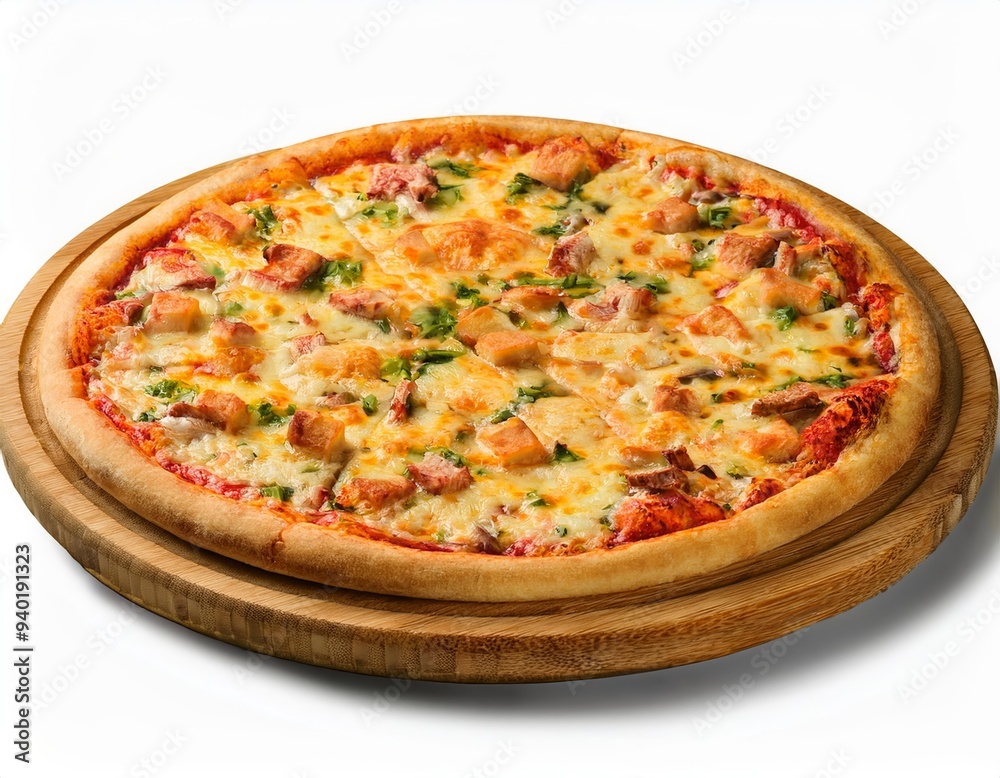 Delicious pizza served on wooden plate isolated on white Delicious pizza served on wooden plate isolated on white