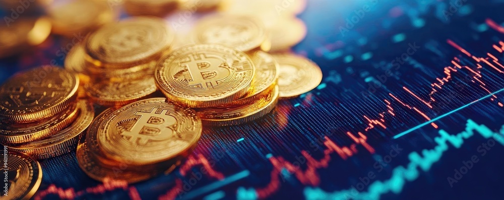 A close-up view of cryptocurrency coins on a digital background displaying market trends and price fluctuations. A close-up view of cryptocurrency coins on a digital background displaying market trends and price fluctuations.