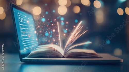 Digital Book Magic:  A magical and ethereal vision of an open book on a laptop, representing the endless possibilities of knowledge and imagination in the digital age.