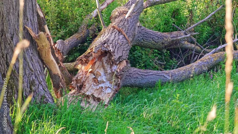 Trunk of Thick Poplar Tree Broken by Strong Wind During Summer Storm Trunk of Thick Poplar Tree Broken by Strong Wind During Summer Storm