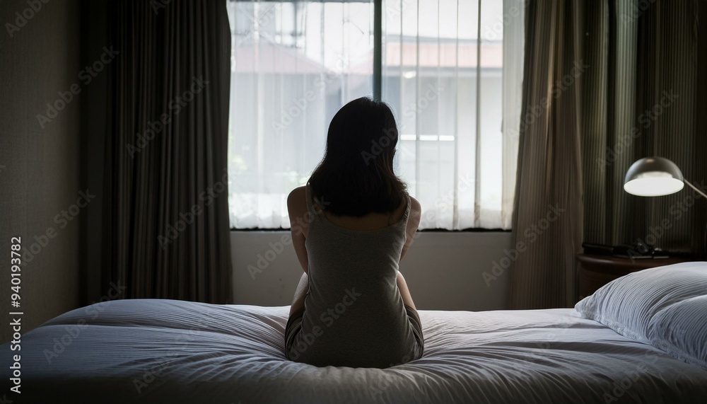 침대에 앉아 슬픔에 잠긴 사람의 뒷모습 침대에 앉아 슬픔에 잠긴 사람의 뒷모습
