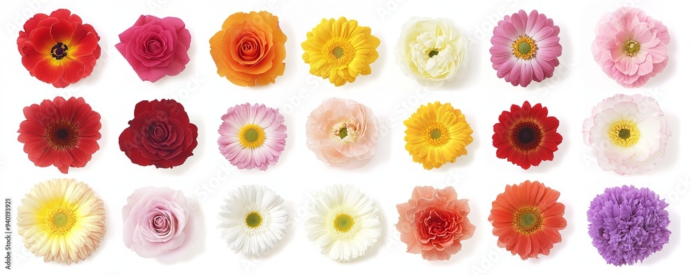 A collection of twenty colorful flowers isolated on a white background. A collection of twenty colorful flowers isolated on a white background.