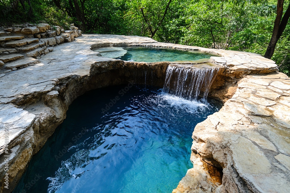 Naklejka premium A hot spring with a waterfall cascading into it, adding a soothing sound to the tranquil environment