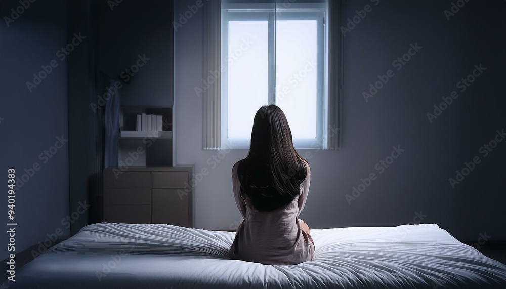 침대에 앉아 슬픔에 잠긴 사람의 뒷모습 침대에 앉아 슬픔에 잠긴 사람의 뒷모습