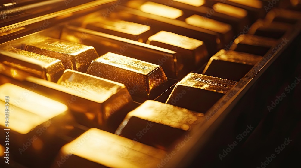 A close-up view of gleaming gold bars stacked neatly, showcasing their luxurious shine and rich color in a well-lit setting. A close-up view of gleaming gold bars stacked neatly, showcasing their luxurious shine and rich color in a well-lit setting.