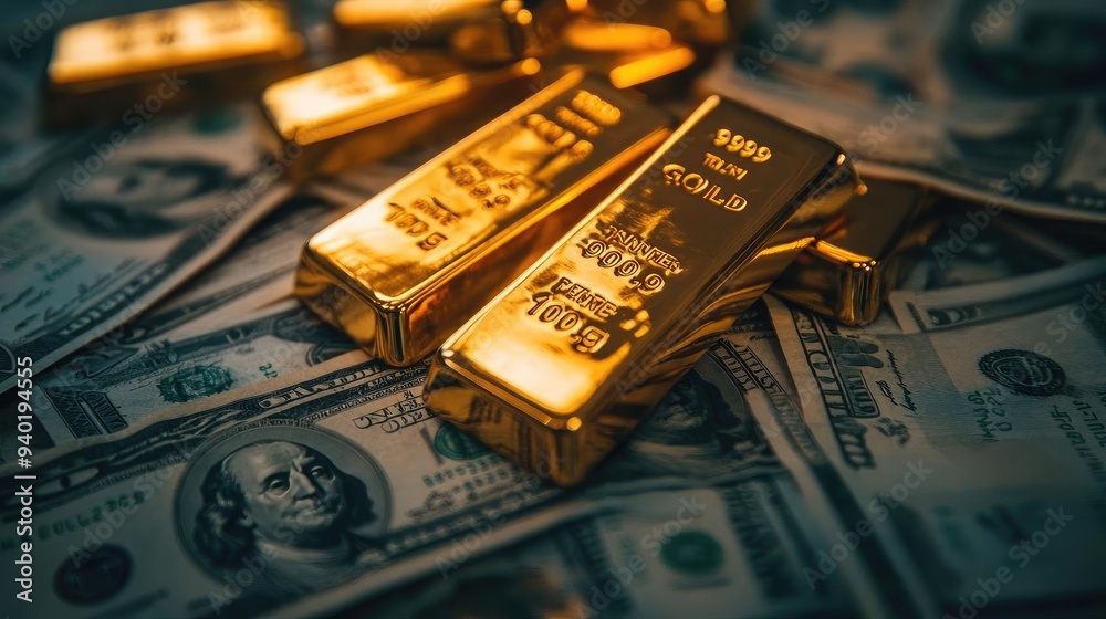 Golden bars on top of scattered banknotes, symbolizing wealth, investment, and financial success. A striking image of luxury. Golden bars on top of scattered banknotes, symbolizing wealth, investment, and financial success. A striking image of luxury.