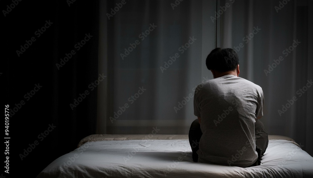 침대에 앉아 슬픔에 잠긴 사람의 뒷모습 침대에 앉아 슬픔에 잠긴 사람의 뒷모습
