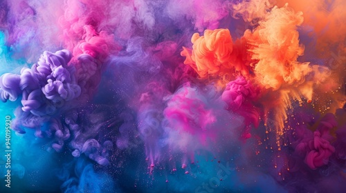 Colorful explosion of smoke and liquid paint on dark background