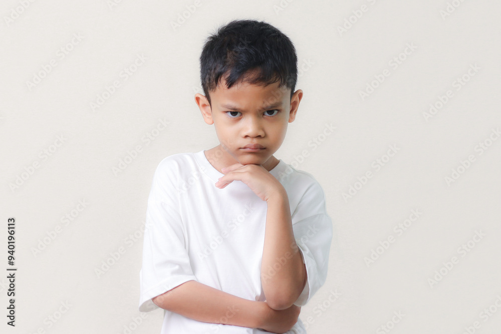 Thinking a cute little asian boy on white background. Child thinking. Education concept. Brainstorming and idea concept. Thinking a cute little asian boy on white background. Child thinking. Education concept. Brainstorming and idea concept.