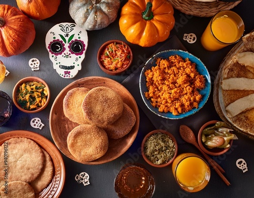 Day of the Dead, family party with traditional food and sugar skull decorations, Ai generate
