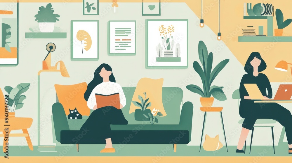 Finding Harmony: Flat Design Illustration of Work-Life Balance with Relaxing Hobbies Amidst Work Activities in a Home Setting Finding Harmony: Flat Design Illustration of Work-Life Balance with Relaxing Hobbies Amidst Work Activities in a Home Setting