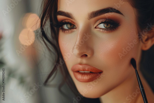 Closeup portrait of a woman with striking eyelash extensions, perfectly applied makeup including lipstick, eye shadow, eyeliner, and mascara.  showcasing flawless cosmetics and skilled makeover  photo