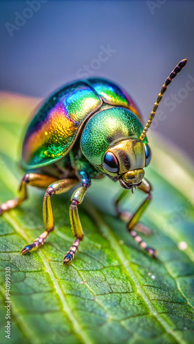 A close up of a tiny metallic iridescent insect