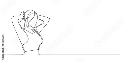 continuous line of woman tying her hair.one line drawing of woman with ponytail hair seen from the side.single line vector illustration.editable stroke.isolated white background