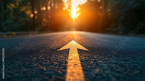 A Yellow Arrow Pointing Towards a Blurred Sunset on a Road