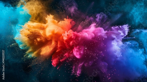 Colorful explosion of smoke and liquid paint on dark background