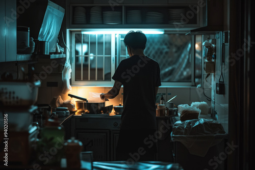  Solitary man cooking at night in a dimly lit kitchen, focused and serene amidst the glow of the stove.