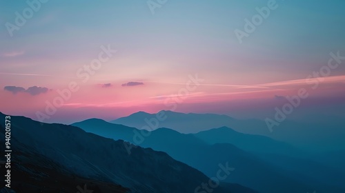 Silhouettes of mountain ranges against a soft pink and blue sunset sky.