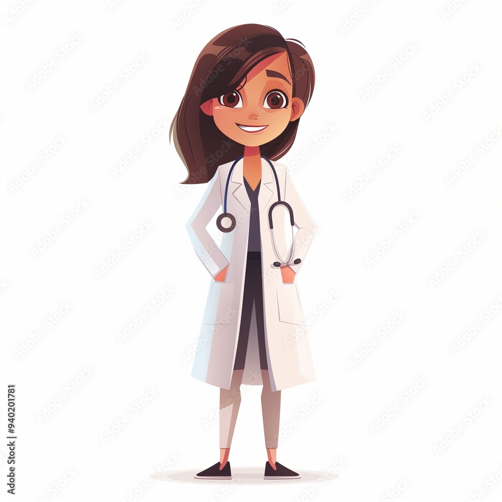 Cartoon of Cute Female Doctor in White Lab Coat with Stethoscope, Smiling Confidently on White Background, Bright Facial Features, Expressive Eyes, Cartoonish Proportions, Soft Shading Cartoon of Cute Female Doctor in White Lab Coat with Stethoscope, Smiling Confidently on White Background, Bright Facial Features, Expressive Eyes, Cartoonish Proportions, Soft Shading
