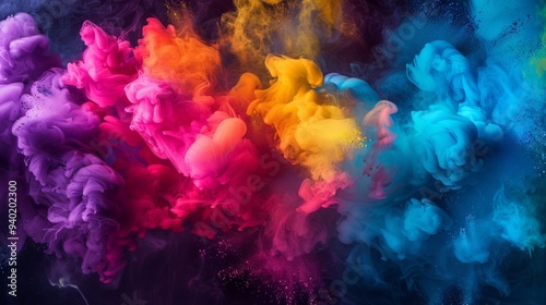 Colorful explosion of smoke and liquid paint on dark background