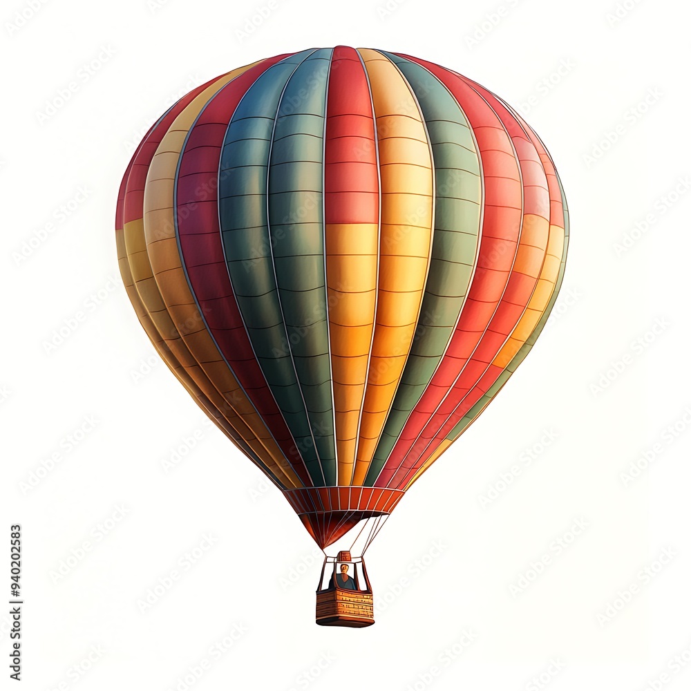 Fototapeta premium Colorful Hot Air Balloon with Basket Isolated on a White Background, Highlighting Its Vibrant Patterns and Detailed Basket