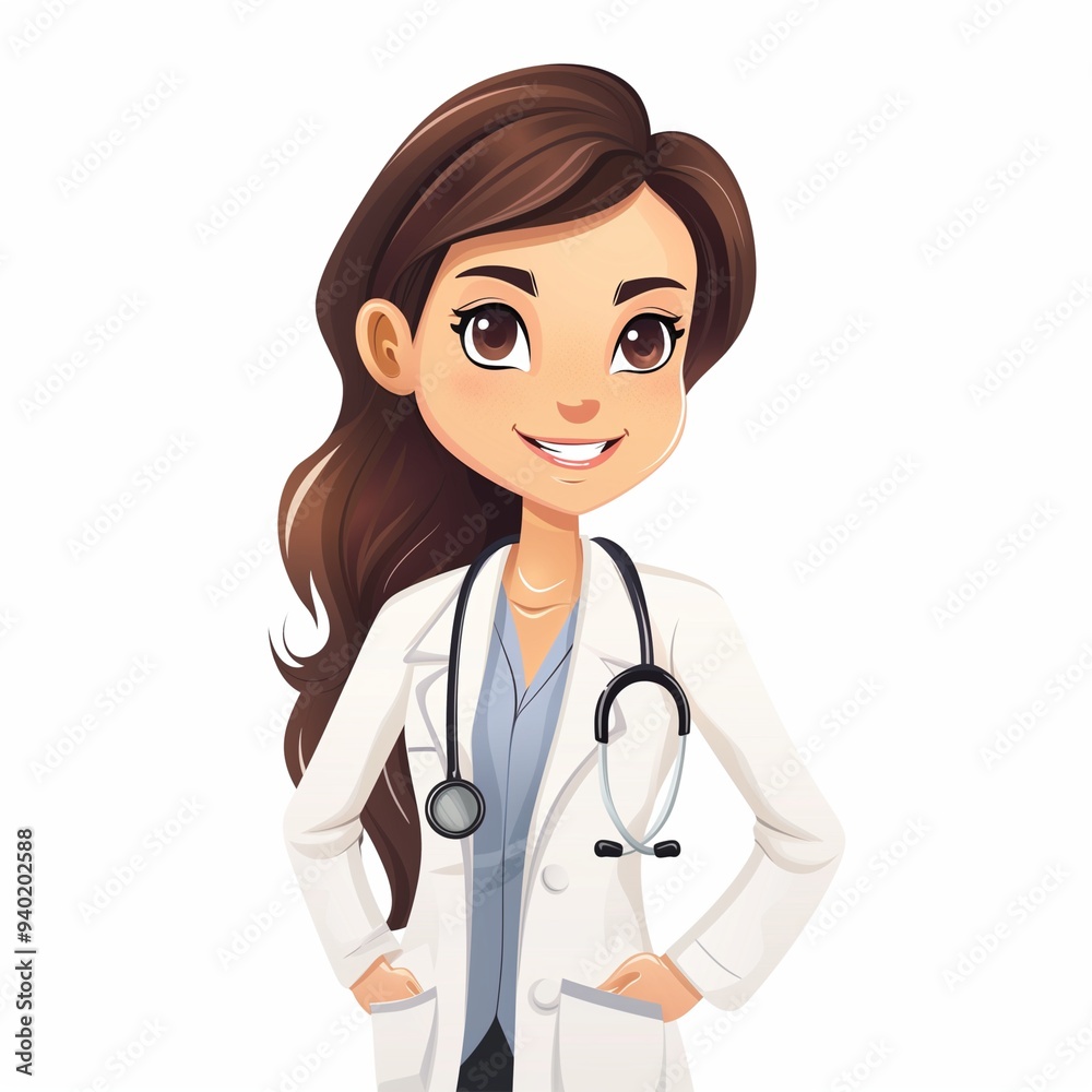 Cartoon of Cute Female Doctor in White Lab Coat with Stethoscope, Smiling Confidently on White Background, Bright Facial Features, Expressive Eyes, Cartoonish Proportions, Soft Shading Cartoon of Cute Female Doctor in White Lab Coat with Stethoscope, Smiling Confidently on White Background, Bright Facial Features, Expressive Eyes, Cartoonish Proportions, Soft Shading