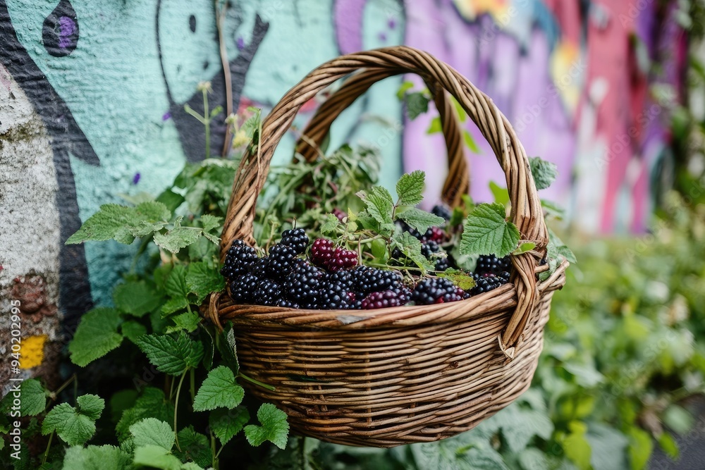 Wicker Basket Full of Blackberries Against a Graffiti Wall Wicker Basket Full of Blackberries Against a Graffiti Wall
