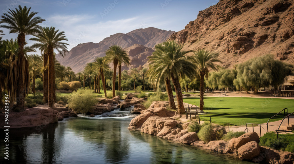 Serene Oasis Landscape with Palm Trees and Mountains