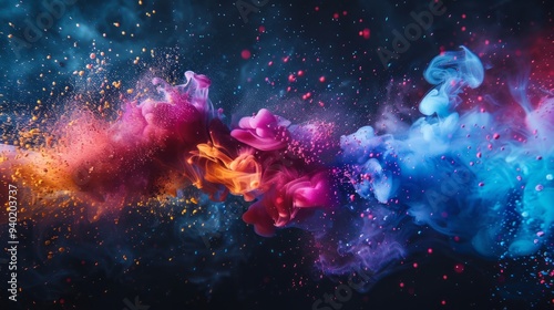 Colorful explosion of smoke and liquid paint on dark background