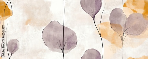 Watercolor abstract seamless pattern with purple leaves and yellow watercolor strokes.