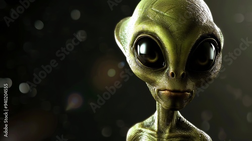 A close-up of an alien with large, black eyes and green skin. photo