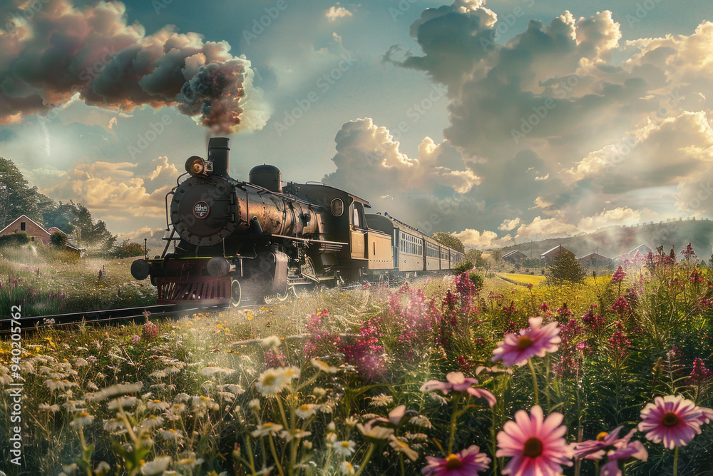 Flower Steam Engine Steam train chugging past vibrant flowers, plant painting, electric ...