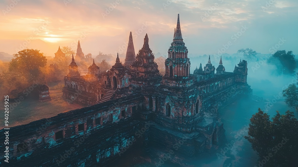 Obraz premium Mystical sunrise over ancient temple complex shrouded in mist