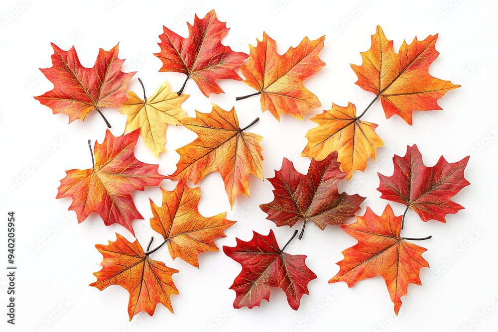 A collection of vibrant red, orange, and yellow maple leaves arranged on a white background. A collection of vibrant red, orange, and yellow maple leaves arranged on a white background.