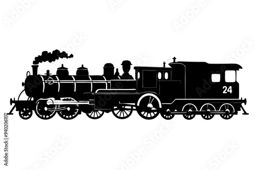 Vector Train, Black and white silhouette of a vintage steam locomotive chugging along the tracks, emitting a plume of smoke.  isolated on white background.