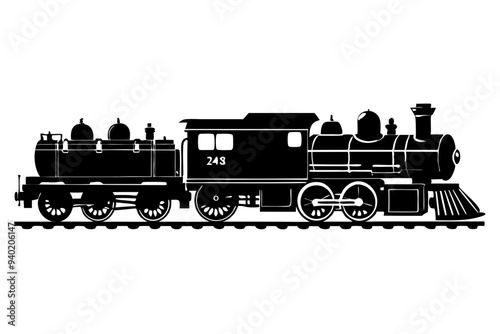 Vector Train, Black and white silhouette of a vintage steam locomotive chugging along the tracks, emitting a plume of smoke. isolated on white background.