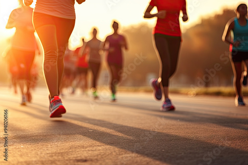 A dynamic scene of runners participating in a marathon or group run during a beautiful sunrise, capturing the energy, movement, and dedication of athletes in an early morning outdoor setting.