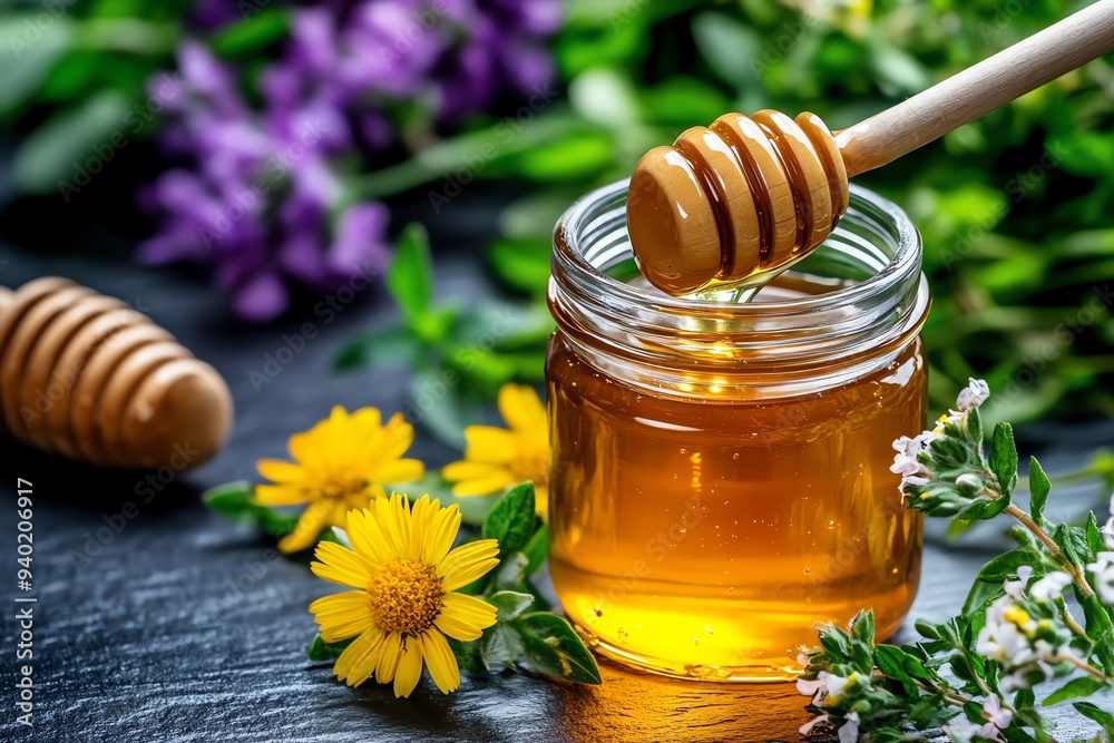A jar of honey surrounded by fresh herbs and flowers, creating a natural and wholesome scene that evokes the health benefits of honey A jar of honey surrounded by fresh herbs and flowers, creating a natural and wholesome scene that evokes the health benefits of honey