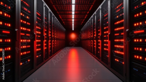 A server room under digital attack with flashing red lights cyber attack theme front view emphasizing urgency futuristic tone Analogous Color Scheme