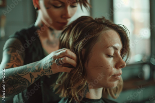 Close-up of a professional female hairstylist with tattoos cutting a woman's short brown hair in a salon. The scene showcases creative styling, attention to detail, and modern hairdressing techniques.