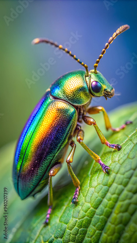 A close up of a tiny metallic iridescent insect