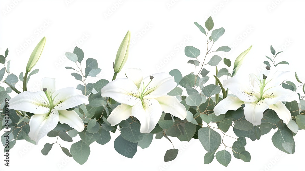 Obraz premium Seamless border of white lilies and eucalyptus leaves isolated on white background.