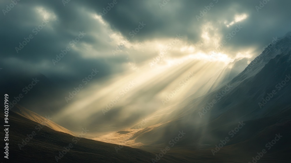Sunbeams Through Clouds Over Mountainous Landscape Sunbeams Through Clouds Over Mountainous Landscape