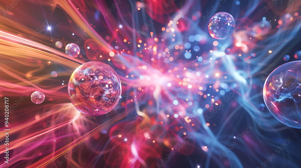 Conceptual visualization of the creation and interaction of various particles in a quantum field Conceptual visualization of the creation and interaction of various particles in a quantum field