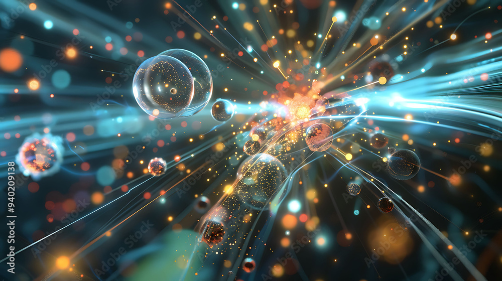Conceptual visualization of the creation and interaction of various particles in a quantum field Conceptual visualization of the creation and interaction of various particles in a quantum field