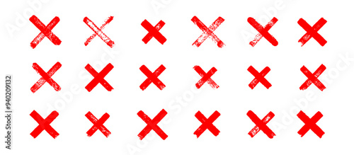 Red wrong signs. Red color crosses brush strokes. Vector set of hand-painted wrong icons. Abstract hand-drawn aversion symbols. NO button for checkbox voting. Isolated disagree tickbox symbol pack