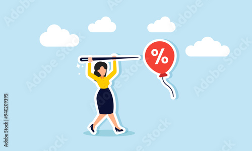 Hunting for discounts, competing for price cuts or special promotions concept of A businesswoman holding a needle, ready to pop or hunt for discount balloons or special price offers