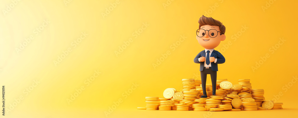 A confident businessman stands proudly on a pile of coins against a vibrant yellow background, symbolizing success and wealth. A confident businessman stands proudly on a pile of coins against a vibrant yellow background, symbolizing success and wealth.